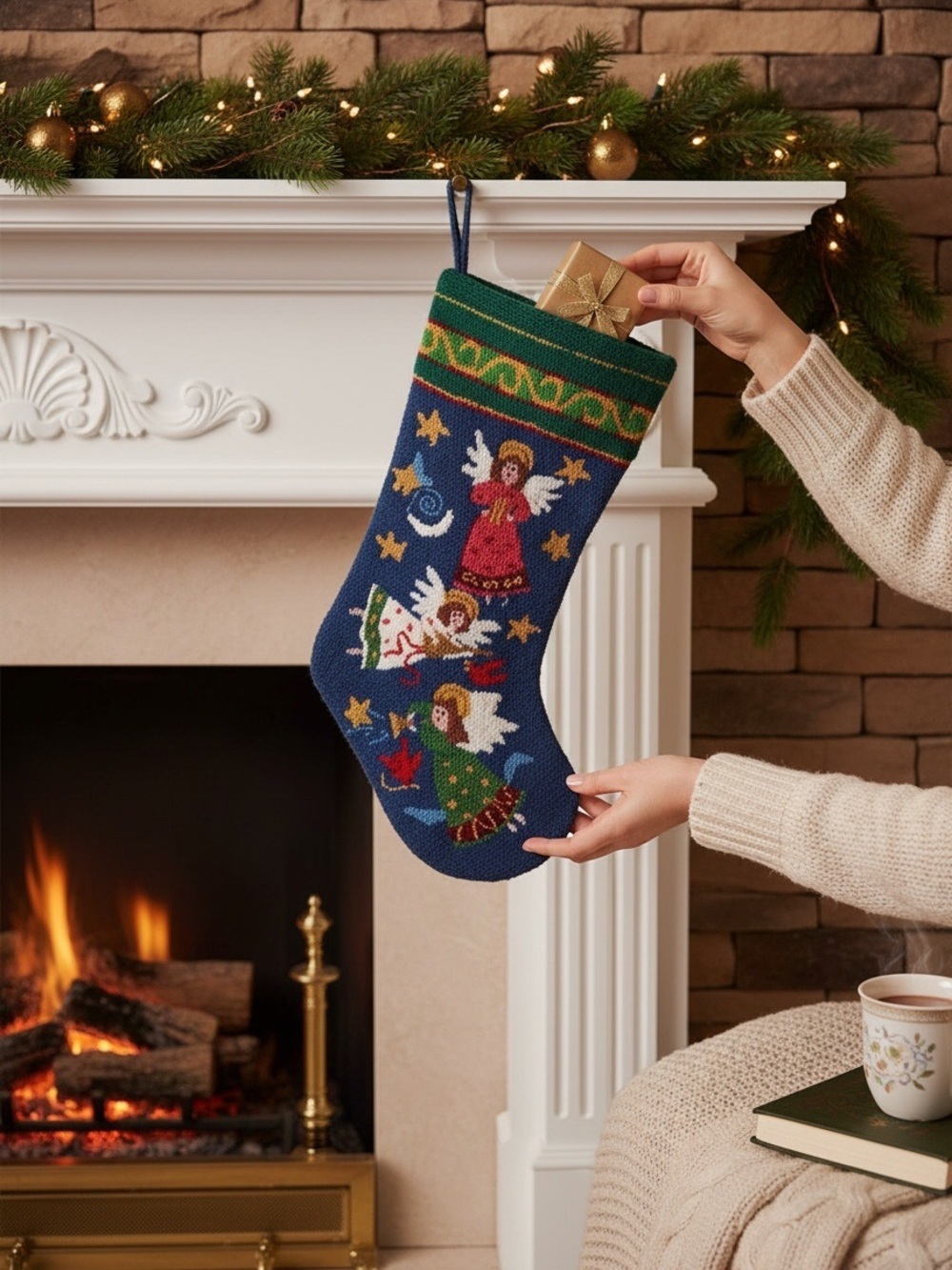 Vintage Christmas Stocking with festive Angels Wool Blue/Green EUC